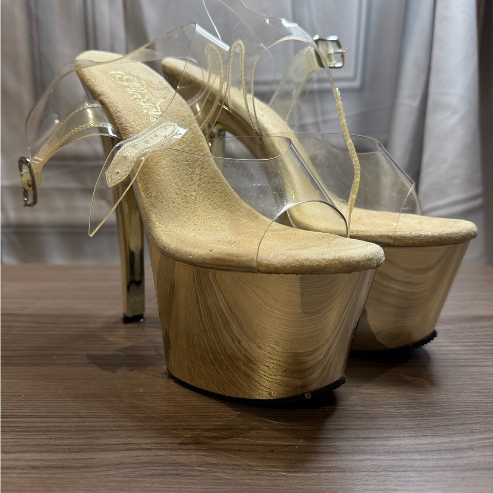 Pleaser Gold and Clear Platform Heels